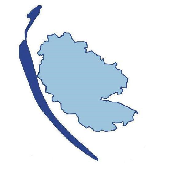 Logo powiatu bydgoskiego, niebieska mapa powiatu plus motyl ciemnoniebieski