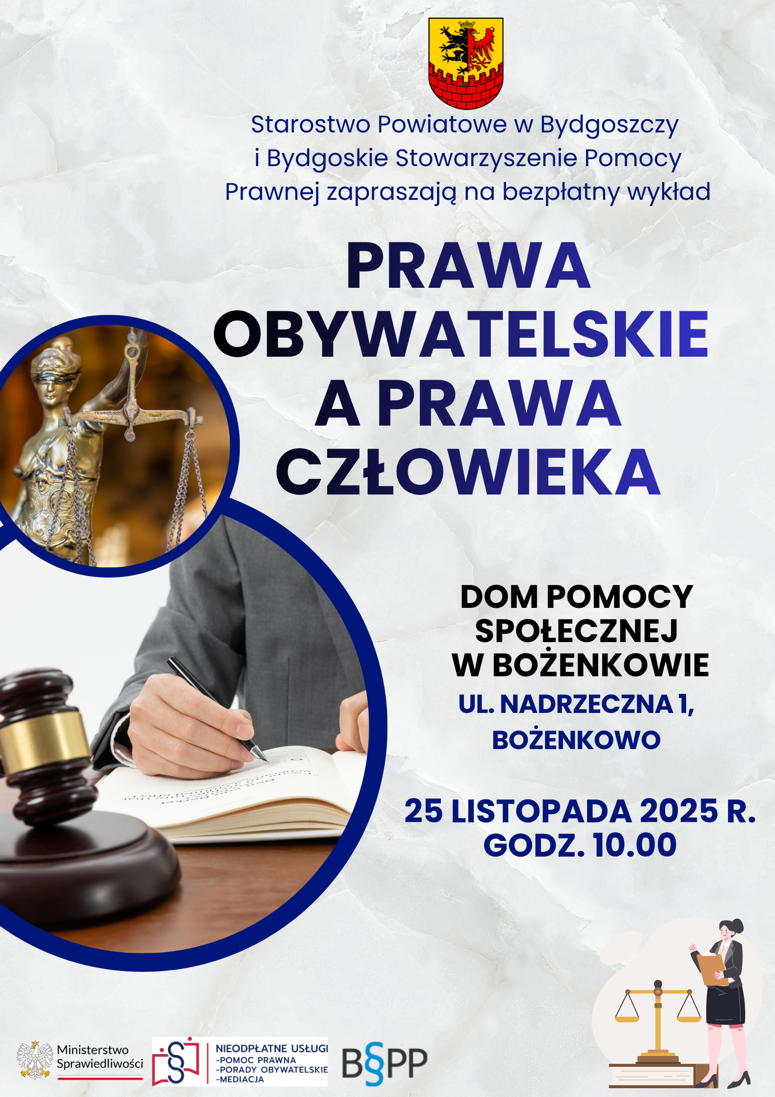tekst jak w&nbsp;poście, plakat wykłady, wizerunek prawnika w&nbsp;okrągłej ramce, Temida w&nbsp;okrągłej ramce, loga i&nbsp;herb