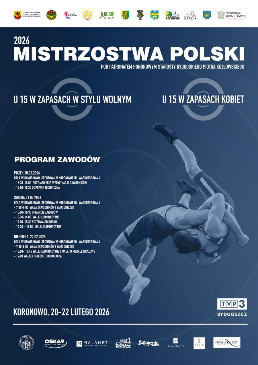 plakat o&nbsp;wydarzeniu, niebiesko biały, zapaśnicy walczą