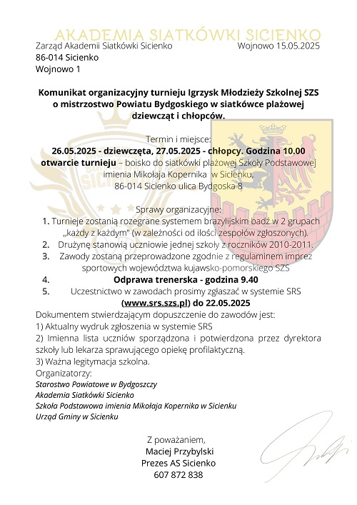 Komunikat dotyczący organizacji zawod&oacute;w sportowych w&nbsp;piłce siatkowej plażowej 