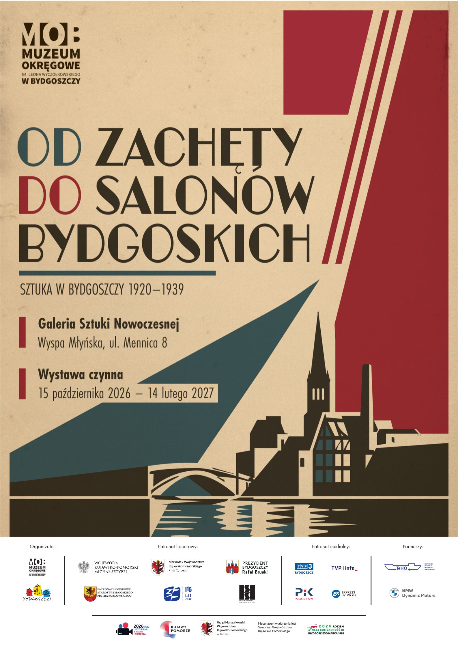 Od Zachęty do Salon&oacute;w Bydgoskich - plakat - wystawa MOB z&nbsp;terminem i&nbsp;miejscem wystawy. Pastelowe kolory, loga patron&oacute;w, logo MOB