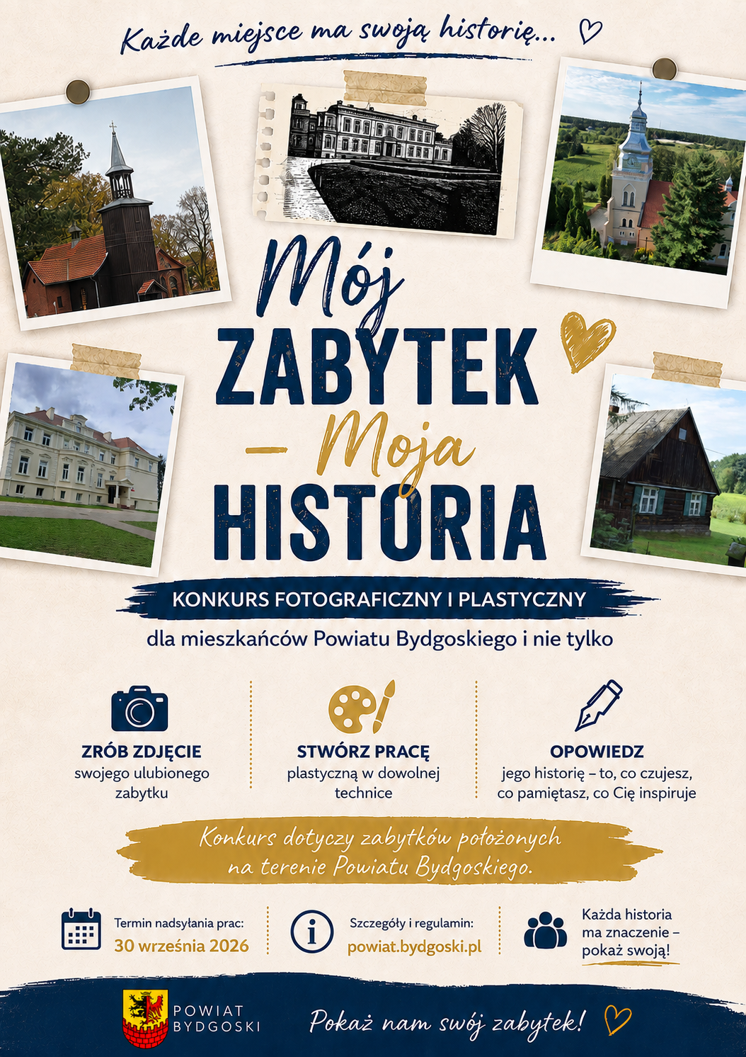 plakat obrazy zabytki z&nbsp;powiatu bydgoskiego, napisy jak w&nbsp;tekście, logo powiatu bydgoskiego