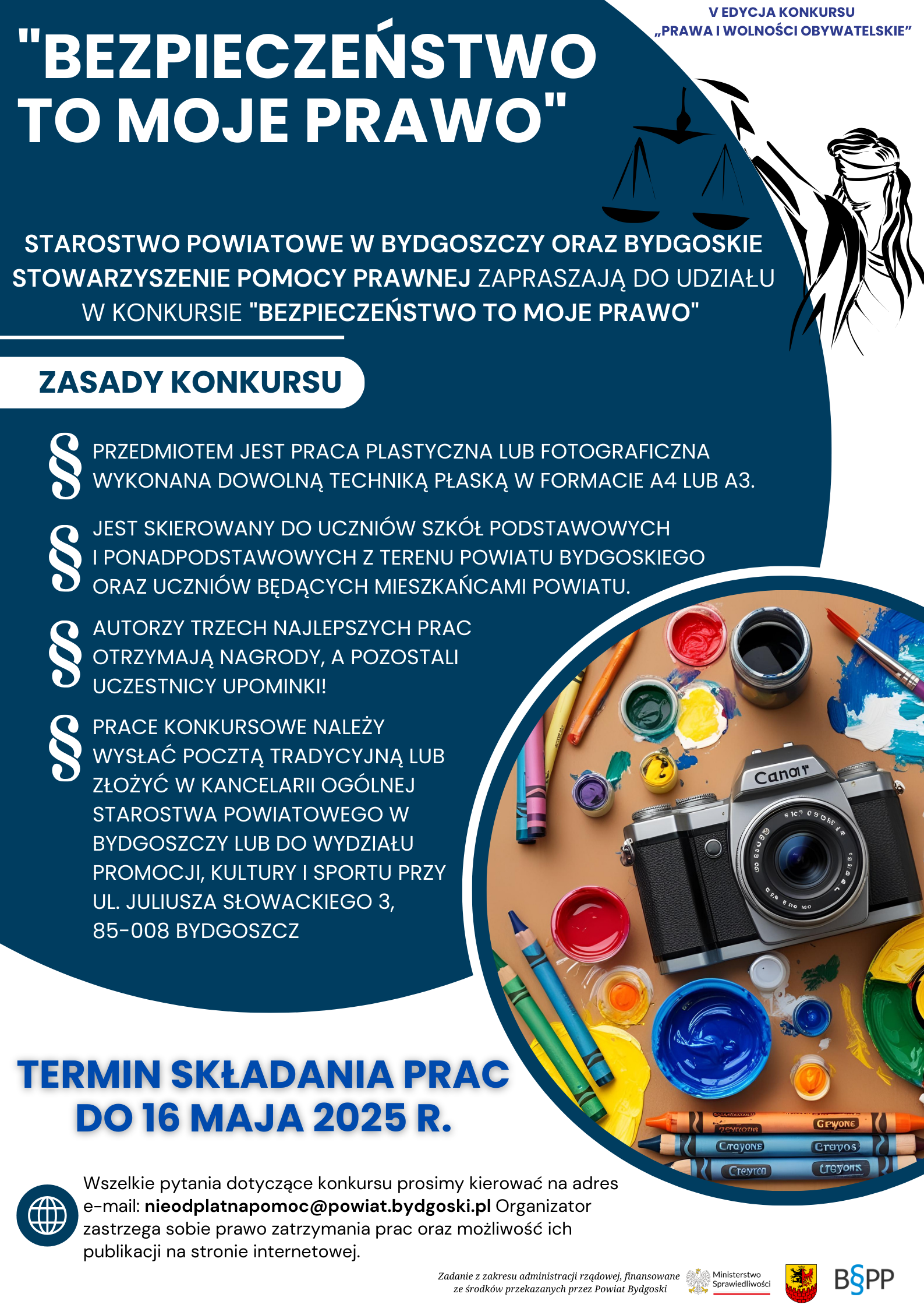 plakat ciemno niebieski z logo bspp, herbem powiatu, logo MS oraz grafiki o plastyce, aparat fotograficzny, kredki, napisy o konkursie