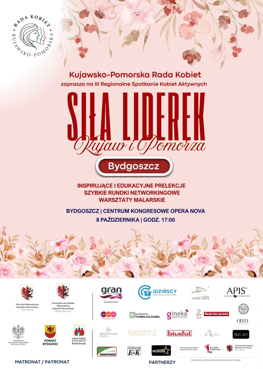 Siła_Liderek_w_Bydgoszczy_8-10-26_2 plakat jasny z&nbsp;r&oacute;żami i&nbsp;napisami jak w&nbsp;tekście