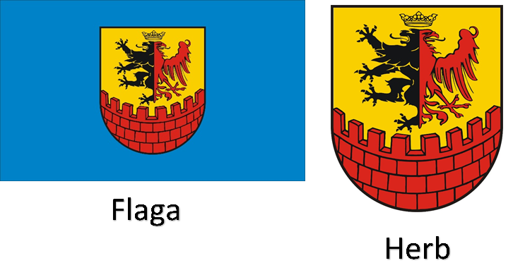 Flaga i herb powiatu bydgoskiego, półorzeł i półlew czarnoczerwone na żółtym tle oraz czerwony mur; flaga ma niebieskie tło