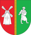 herb przedzielony na pół, z lewej strony czerwony a z przodu biały młyn, z prawej zielony z przodu siewca w białym kolorze